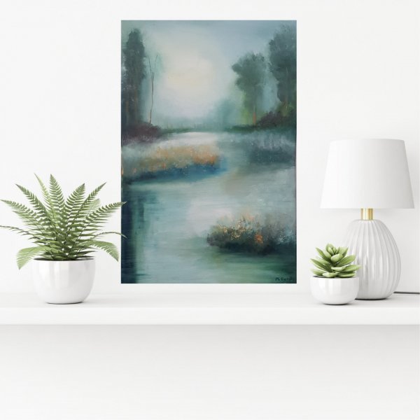 Additional view 6: Figurative Landscape Painting Water and Forest Landscape at Dawn by painter Mercedes Gordo oil canvas 