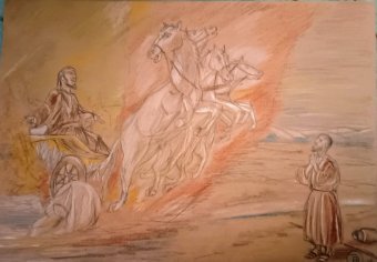 Desenho "O Manto de Elias: Uma Visão Celestial de Chamas", ilustrador roberto ferrando lápis papel na Jose Art Gallery