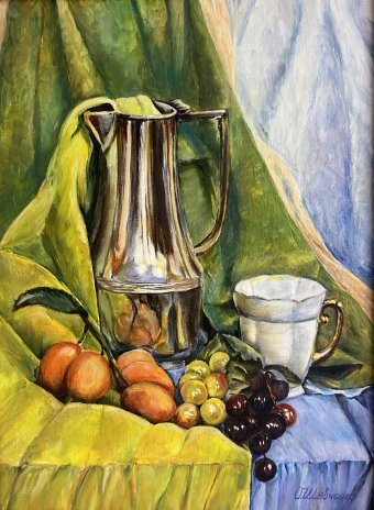 Painting "Still life with a metal jug and fruit" by painter Oksana Vlasenko oil fabric at Jose Art Gallery