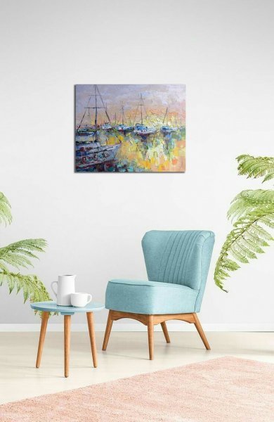 Additional view 1: Impressionism Marine Art Painting Quiet harbor at sunset by painter Anastasia Kozorez oil canvas 