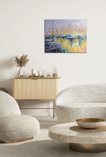 Additional view 2: Impressionism Marine Art Painting Quiet harbor at sunset by painter Anastasia Kozorez oil canvas 