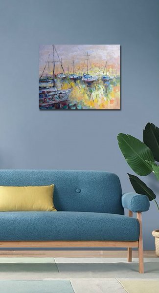 Additional view 3: Impressionism Marine Art Painting Quiet harbor at sunset by painter Anastasia Kozorez oil canvas 