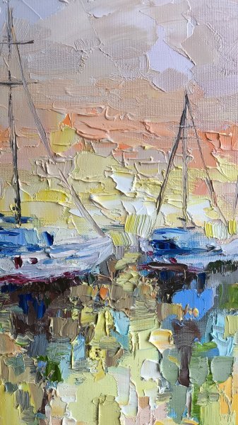 Additional view 9: Impressionism Marine Art Painting Quiet harbor at sunset by painter Anastasia Kozorez oil canvas 