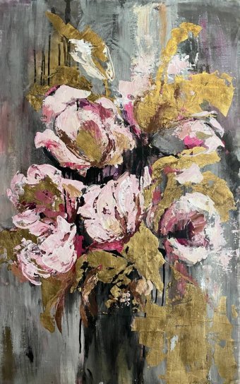 Bouquet rose pâle gris clair sur fond doré