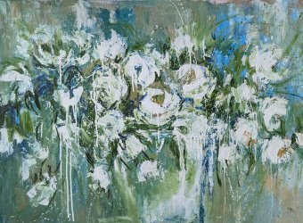 Painting "Grace in Motion White Petals" by painter Oksana Almiz oil canvas at Jose Art Gallery