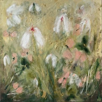 Pittura "Fiori bianchi come la neve e bagliore dorato", pittore Diana Yaskovich acrilico tela alla Jose Art Gallery