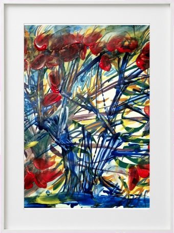 Painting "Blue Vortex Energy and Crimson Bloom" by painter Hannibal acrylic paper at Jose Art Gallery