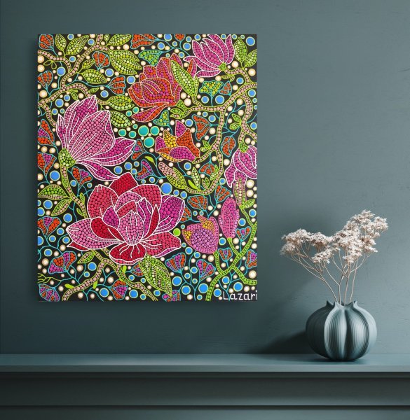 Additional view 9: Contemporary Art Flower Painting Magnolia by painter Oxana Lazari acrylic canvas 