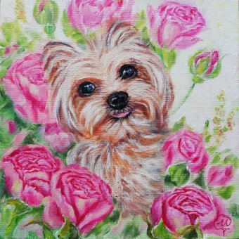 Cute Puppy with Roses Pet Art