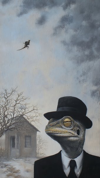 Malarstwo "Arogancka Jaszczurka Surrealistyczna Mitologia", malarz Aden Pink Studio olej płótno w Jose Art Gallery