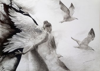 Graphik "Sich an Flügel gewöhnen", illustrator Lana Korolievskaia Tinte Karton in der Jose Art Gallery