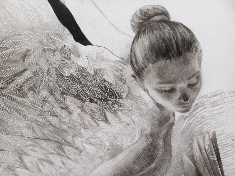 Additional view 1: Figurative Portrait Drawing Getting Used to Wings by illustrator Lana Korolievskaia ink cardboard 