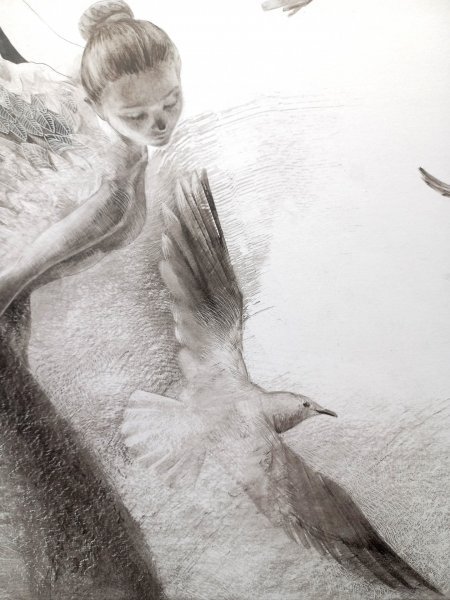 Additional view 4: Figurative Portrait Drawing Getting Used to Wings by illustrator Lana Korolievskaia ink cardboard 