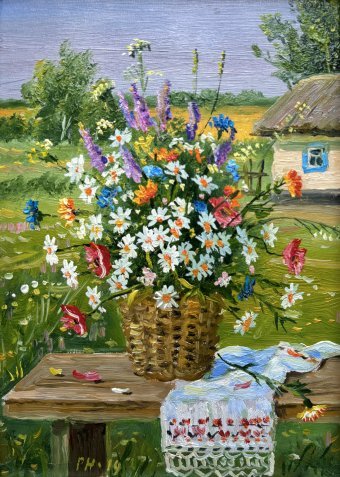 Painting "Vibrant Wildflowers in the Ukrainian Landscape" by painter Mikola Ryabokon oil wood at Jose Art Gallery