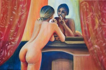 Живопис "Жінка біля дзеркала: саморефлексія та краса", живописець GotLen акрил холст в Jose Art Gallery