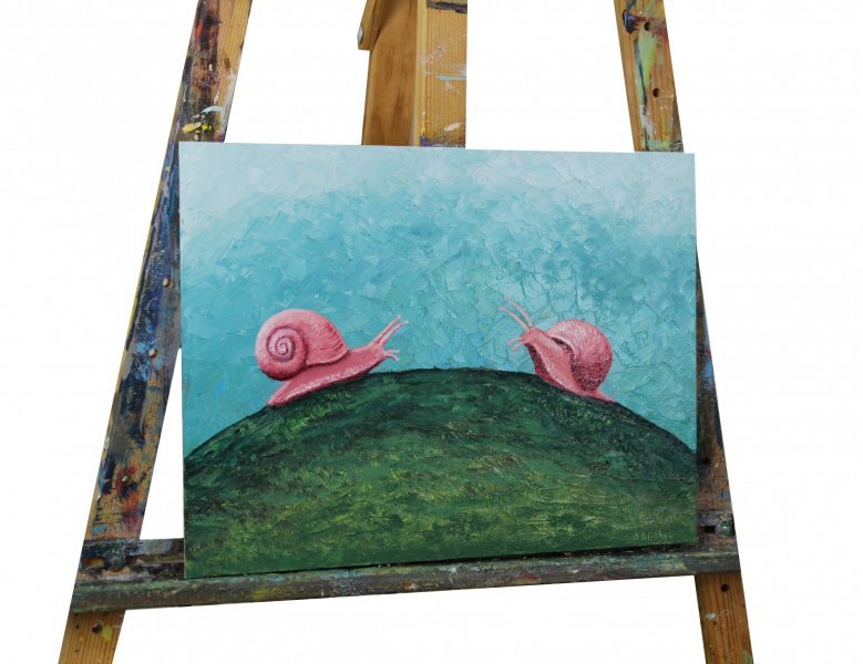 Additional view 1: Surrealism Landscape Painting Pink snails by painter Andriy Klishyn oil cardboard 