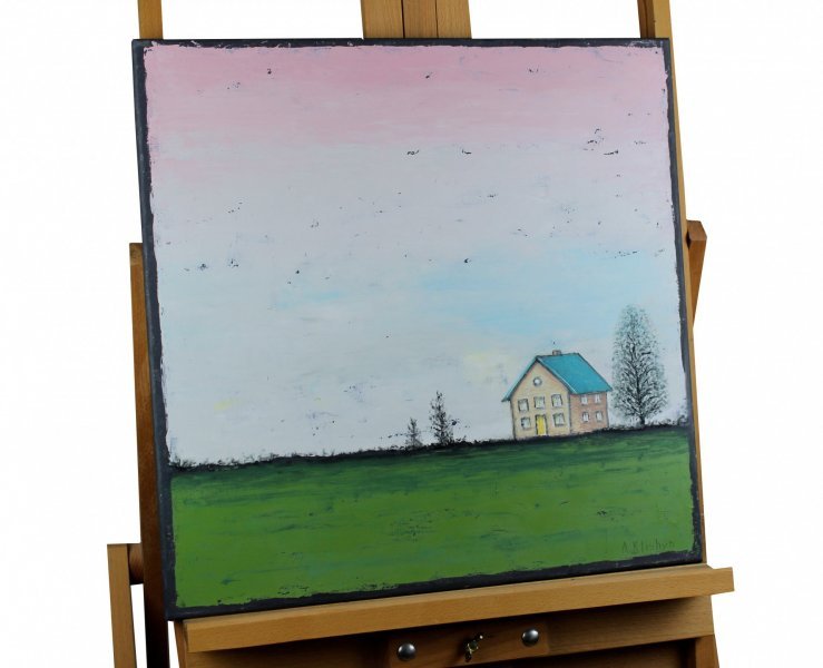 Additional view 1: Surrealism Landscape Painting House on a green meadow by painter Andriy Klishyn oil canvas 