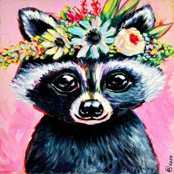 Painting "Cute Raccoon with Flower Crown" by painter Oksana Shevchenko oil wood at Jose Art Gallery