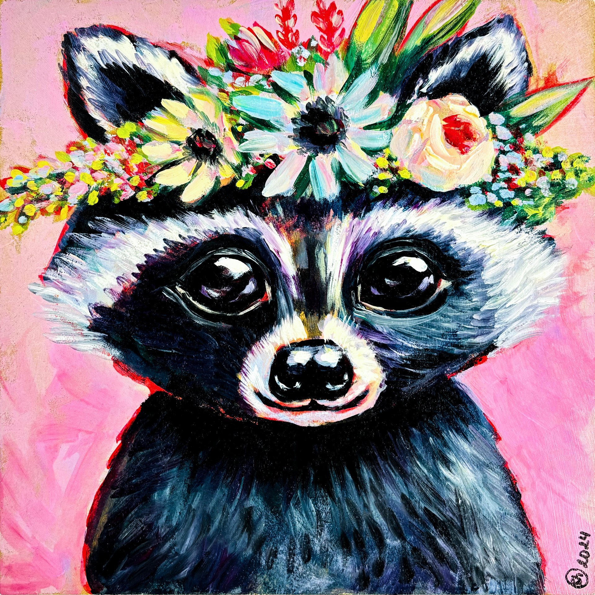 Cute Raccoon with Flower Crown Painting by Oksana Shevchenko