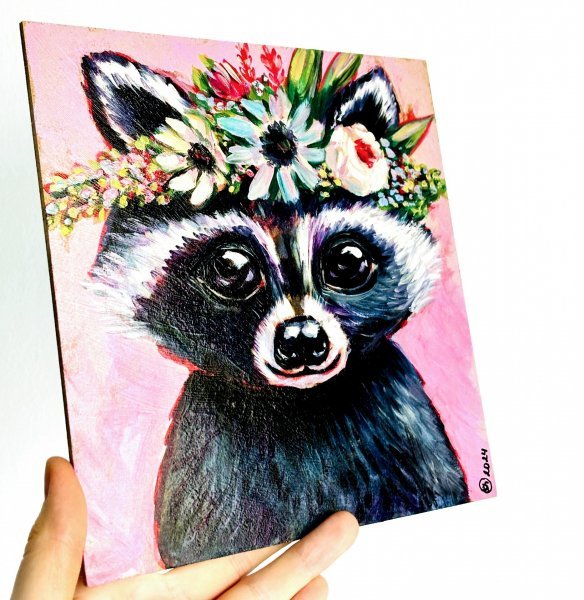 Cute Raccoon with Flower Crown Painting by Oksana Shevchenko