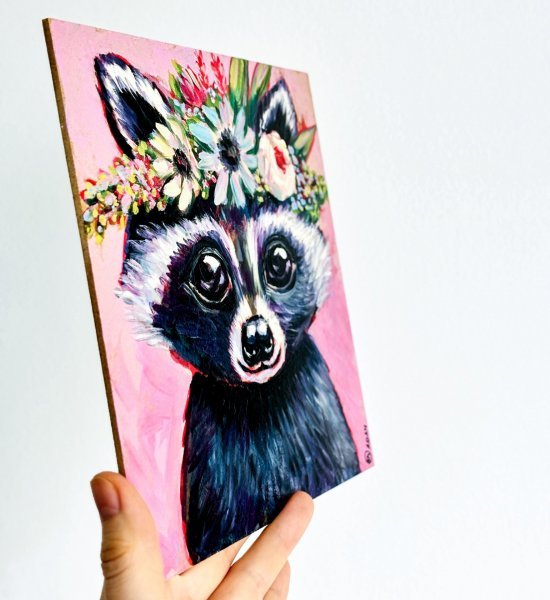Cute Raccoon with Flower Crown Painting by Oksana Shevchenko