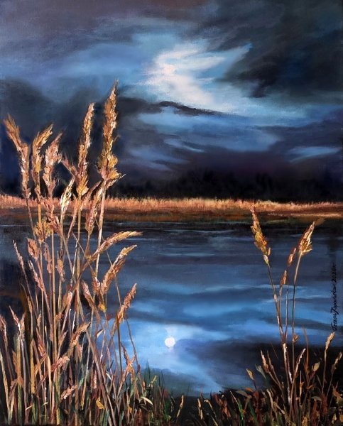 Golden reeds in the moonlight.. Painting by tess