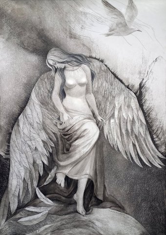 Graphik "Zeit loszulassen", illustrator Lana Korolievskaia Tinte Karton in der Jose Art Gallery