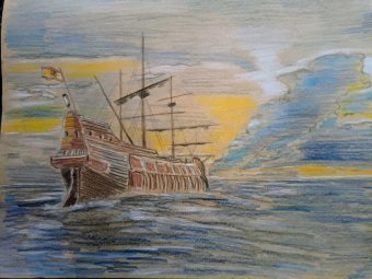 Drawing "The Galleon Adventure in the Golden Sunset" by illustrator roberto ferrando pencil paper at Jose Art Gallery
