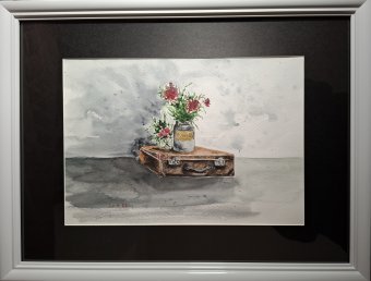 Malarstwo "Stara walizka i sens życia", malarz Luba Micinska akwarela papier w Jose Art Gallery