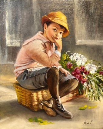 Painting "Little flower seller" by painter Tatyana Rykova oil canvas at Jose Art Gallery