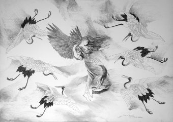 Graphik "Tanz mit den Kranichen", illustrator Lana Korolievskaia Tinte Karton in der Jose Art Gallery