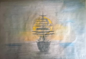 Drawing "The Black Sailing Ship Sails Toward the Sun" by illustrator roberto ferrando pencil paper at Jose Art Gallery