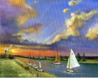 Painting "Sunset Sailing Boats by the Windmill" by painter Steven Peachey oil paper at Jose Art Gallery
