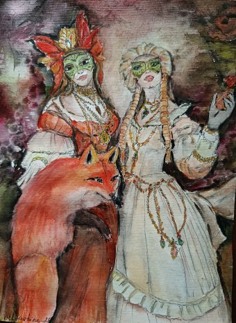Peinture "Les sœurs et le renard", peintre Selena Sashina aquarelle papier à la Jose Art Gallery