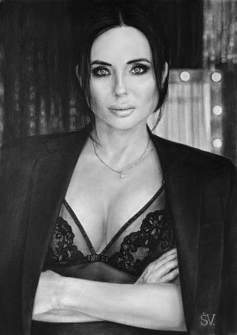 Grafica "Ritratto a carboncino con sguardo provocatorio", illustratore Vladimir Sumarokov carbone carta alla Jose Art Gallery