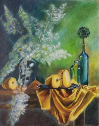 Gráfico "Naturaleza muerta verde", ilustrador Salome Goglidze óleo lienzo en Jose Art Gallery