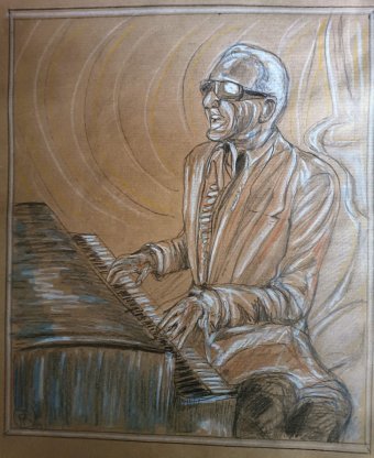 Grafika "Portret Raya Charlesa Geniusza Duszy", ilustrator roberto ferrando ołówek papier w Jose Art Gallery