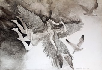 Graphik "Berührung mit Flügeln", illustrator Lana Korolievskaia Tinte Karton in der Jose Art Gallery