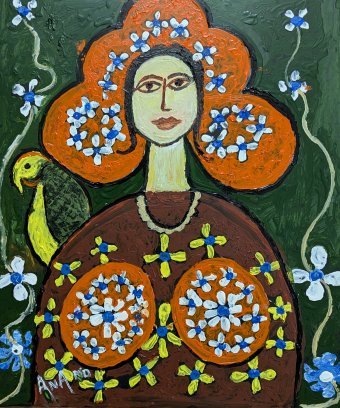 Pintura "REINA CON LORO", pintor ANAND MANCHIRAJU acrílico plástico en Jose Art Gallery