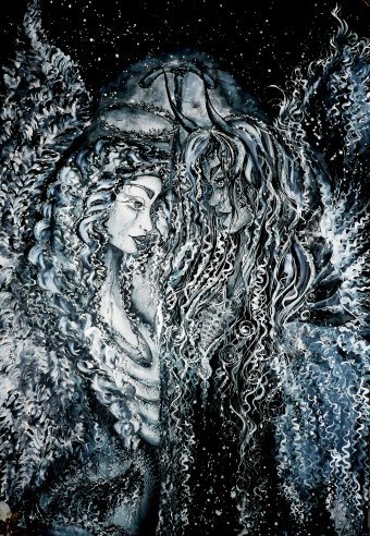 Painting "Destiny — Light and Shadow of Eternity" by painter Hanna Soloviova mixed method paper at Jose Art Gallery