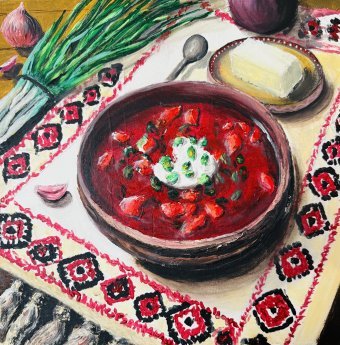 Painting "Bright Borscht in an Art Deco Still Life" by painter Olga Mehova acrylic canvas at Jose Art Gallery