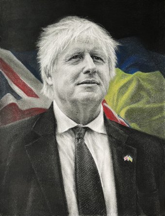 Grafica "Boris Johnson Friend of Ukraine Portrait", illustratore Vladimir Sumarokov carbone carta alla Jose Art Gallery