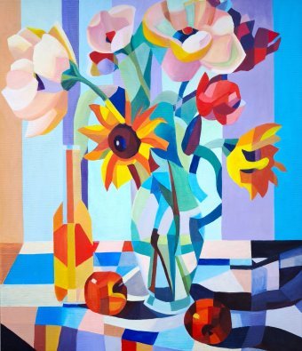 Pittura "Natura morta di fiori colorati con geometria cubista", pittore GotLen acrilico tela alla Jose Art Gallery