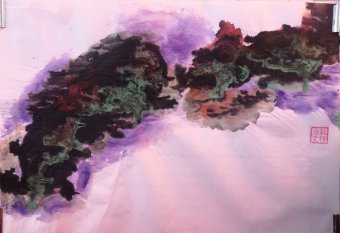 Painting "Tarashikomi Flow in Abstract Expression" by painter Claudio Sansa Rito watercolor paper at Jose Art Gallery
