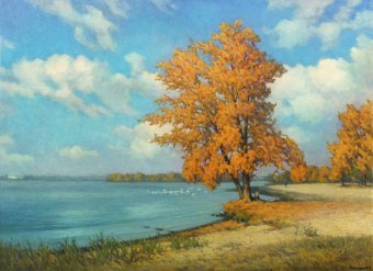 Pittura "Dnepr autunnale", pittore Oleksandr Kusenko olio tessuto alla Jose Art Gallery