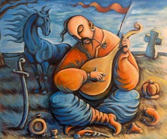 Pittura "Lo spirito del cosacco Mamai: l'Ucraina moderna", pittore Jevgeniy Bogun olio tela alla Jose Art Gallery