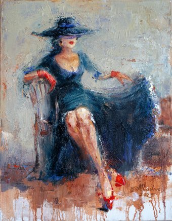 Painting "Coquette's secret" by painter Anna Ravliuc oil canvas at Jose Art Gallery