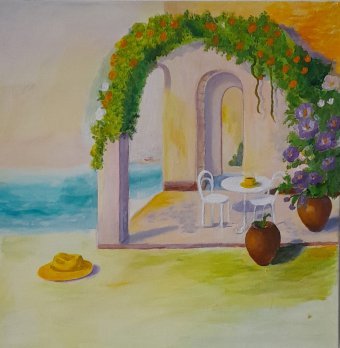 Painting "Azure Horizon: Vibrant Coastal Escape" by painter Fa Ley acrylic canvas at Jose Art Gallery