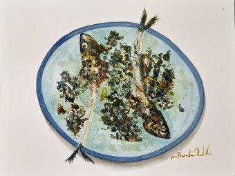 Pintura "Sardinas salones", pintor bernardino acuarela papel en Jose Art Gallery