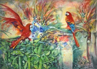 Painting "Butterflies and parrots" by painter Jorge Calero acrylic fabric at Jose Art Gallery